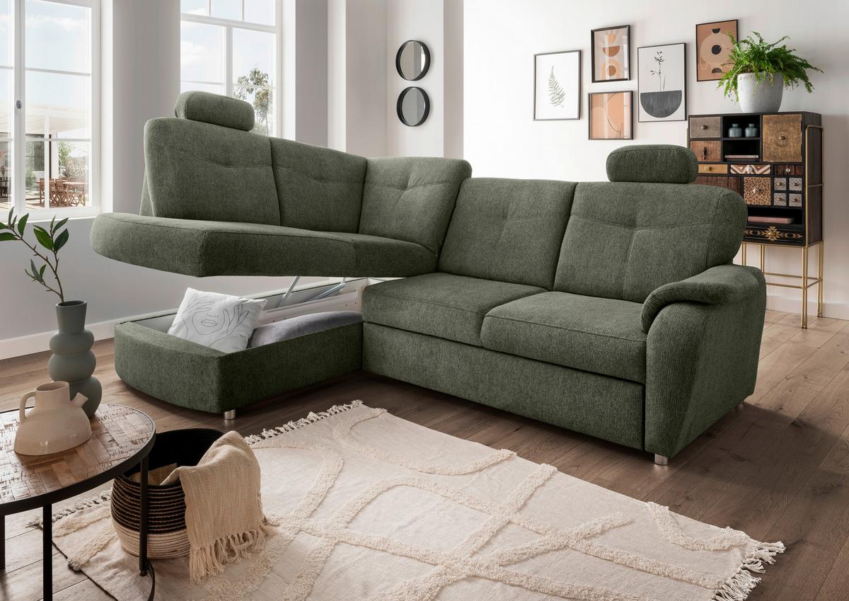 Eckschlafsofa Rosali Dunkelgrün S: 180x264 Cm - Chromfarben/Dunkelgrün, MODERN, Textil (180/264cm) - Livetastic