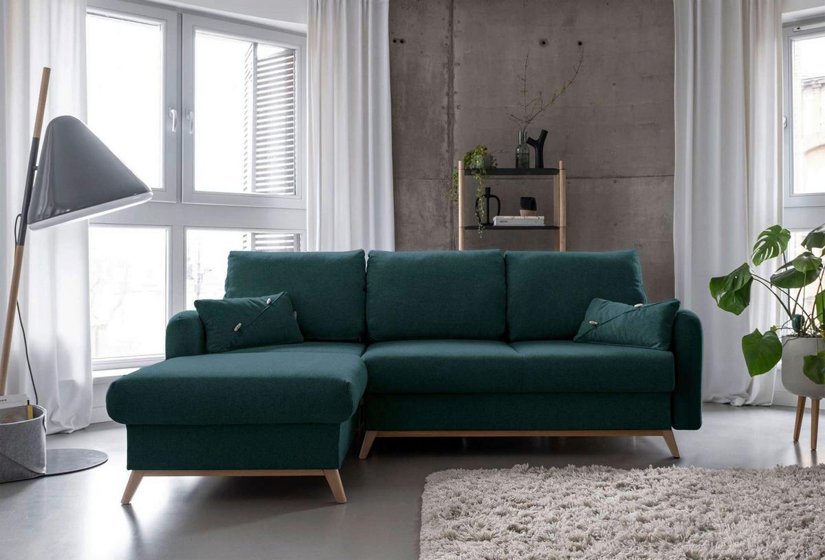 Sedačka LUCILE S, levá, tyrkysová, úl.prostor a lůžko - přírodní barvy/tyrkysová, dřevo/textil (157/235cm) - MID.YOU