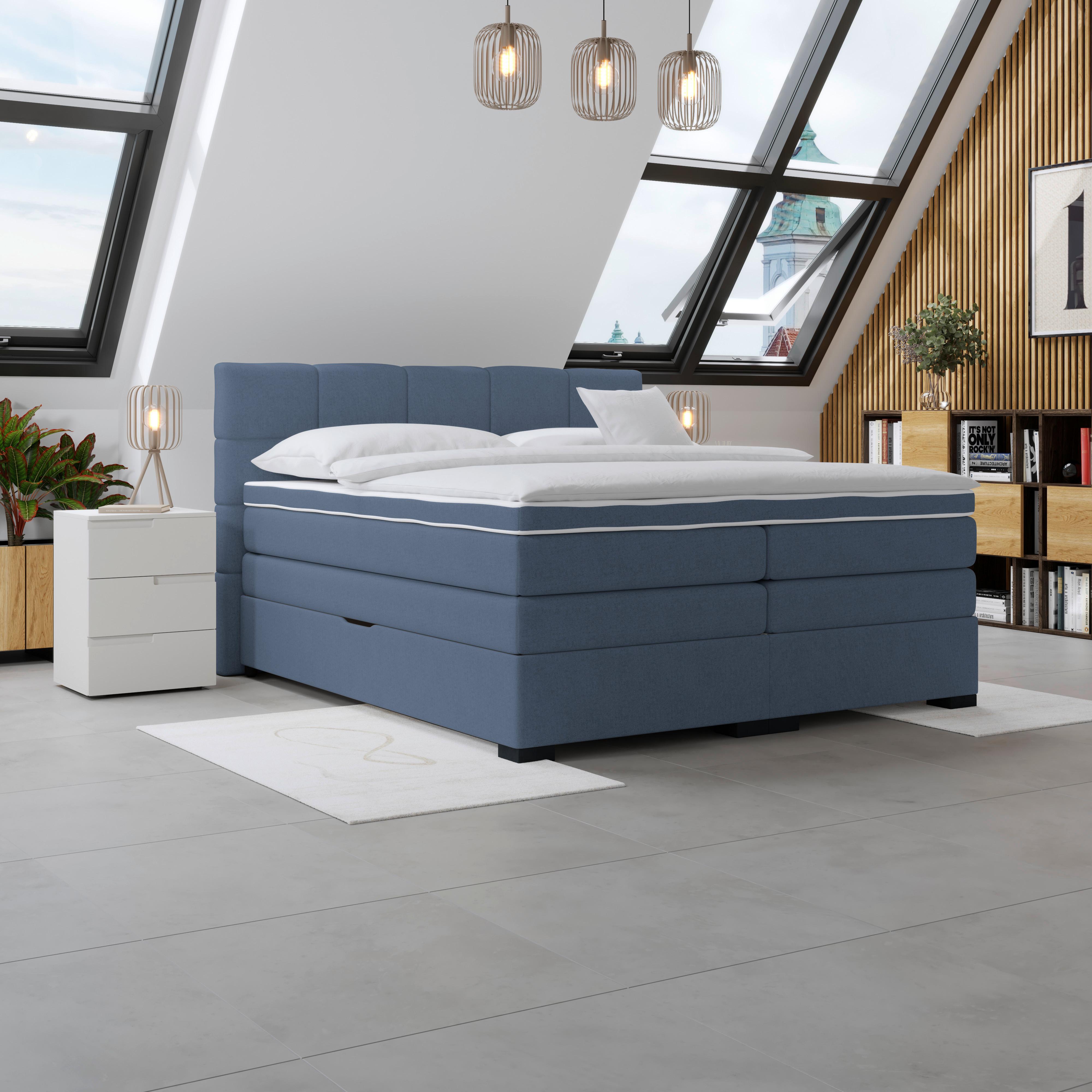 Boxspringbetten mit Topper 200x200 April - Blau/Schwarz, MODERN, Textil (200/200cm)