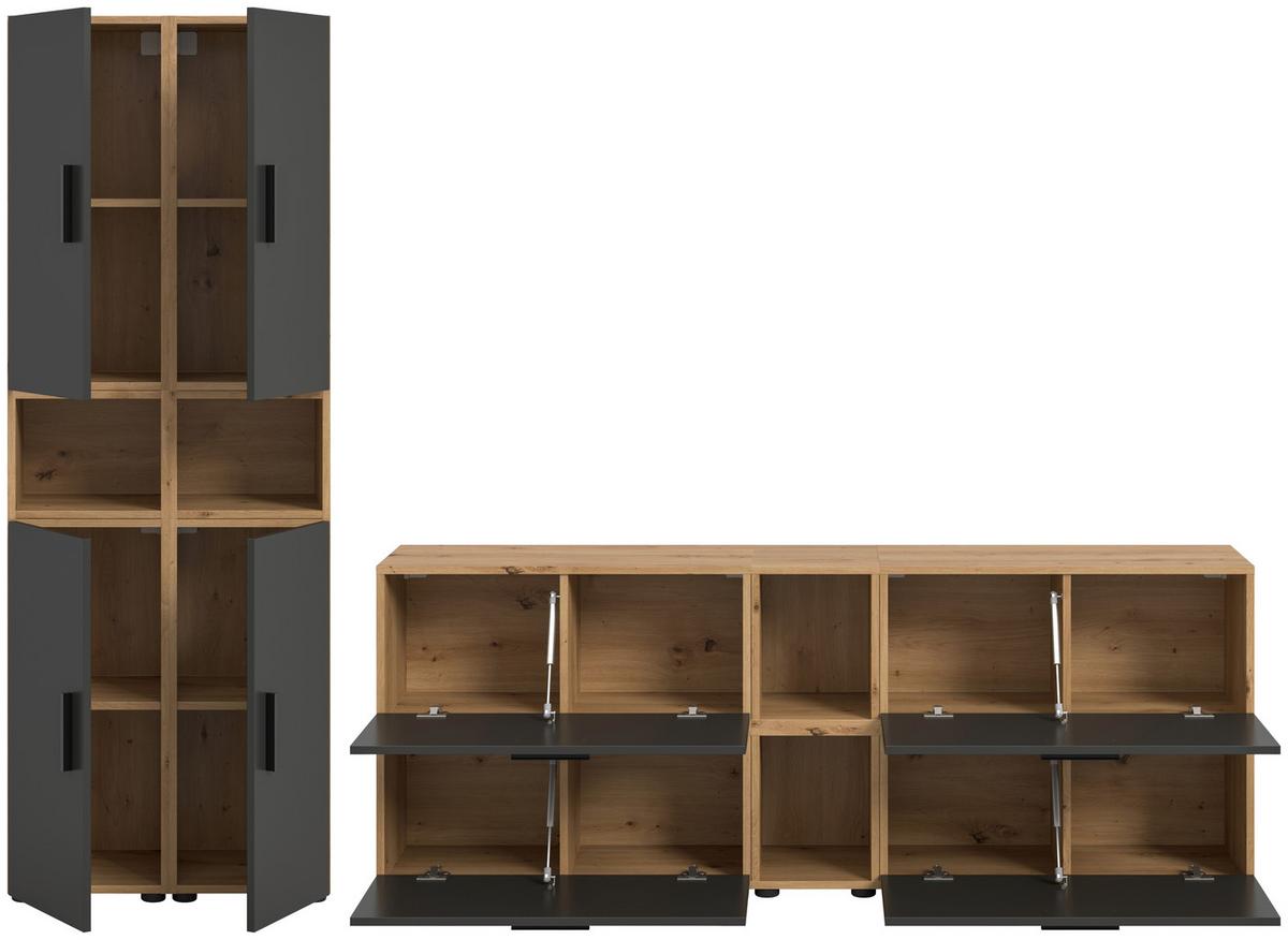 Wohnwand, The One 3, B: 260 cm Grau/Artisan Eiche Dekor - Schwarz/Eiche Artisan, Trend, Holzwerkstoff (260/182/34cm)