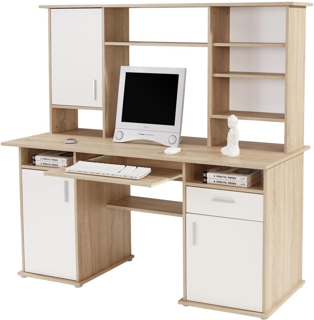 Schreibtisch Mit Stauraum + Tastaturauszug B 160cm Thema2 - Weiß/Sonoma Eiche, MODERN, Holzwerkstoff/Kunststoff (160/153,4cm)