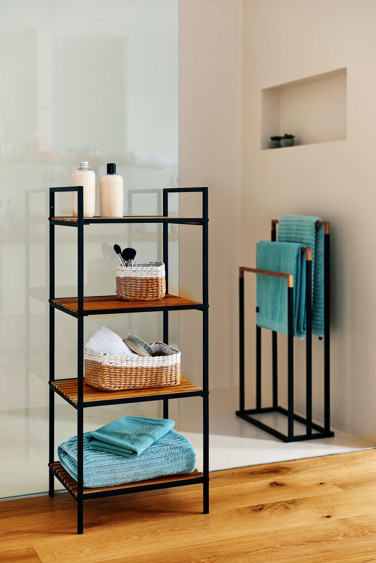 Standregal Bambus/Metall BxHxT: 39x33x95 cm,4 Ablagen - Schwarz/Naturfarben, Basics, Holz/Metall (39/33/95cm) - Zeller Present