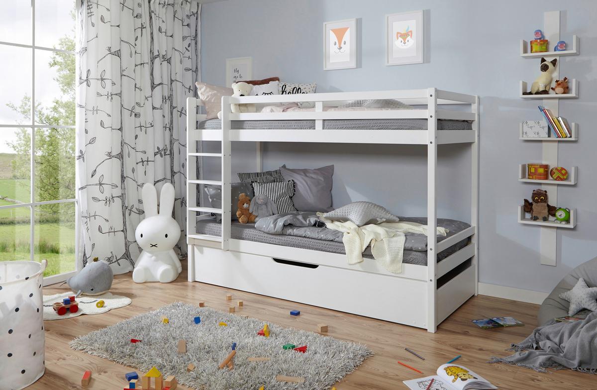 Etagenbett Finn Weiß Kiefer Massiv mit Leiter - Weiß, MODERN, Holz (90/200cm) - MID.YOU