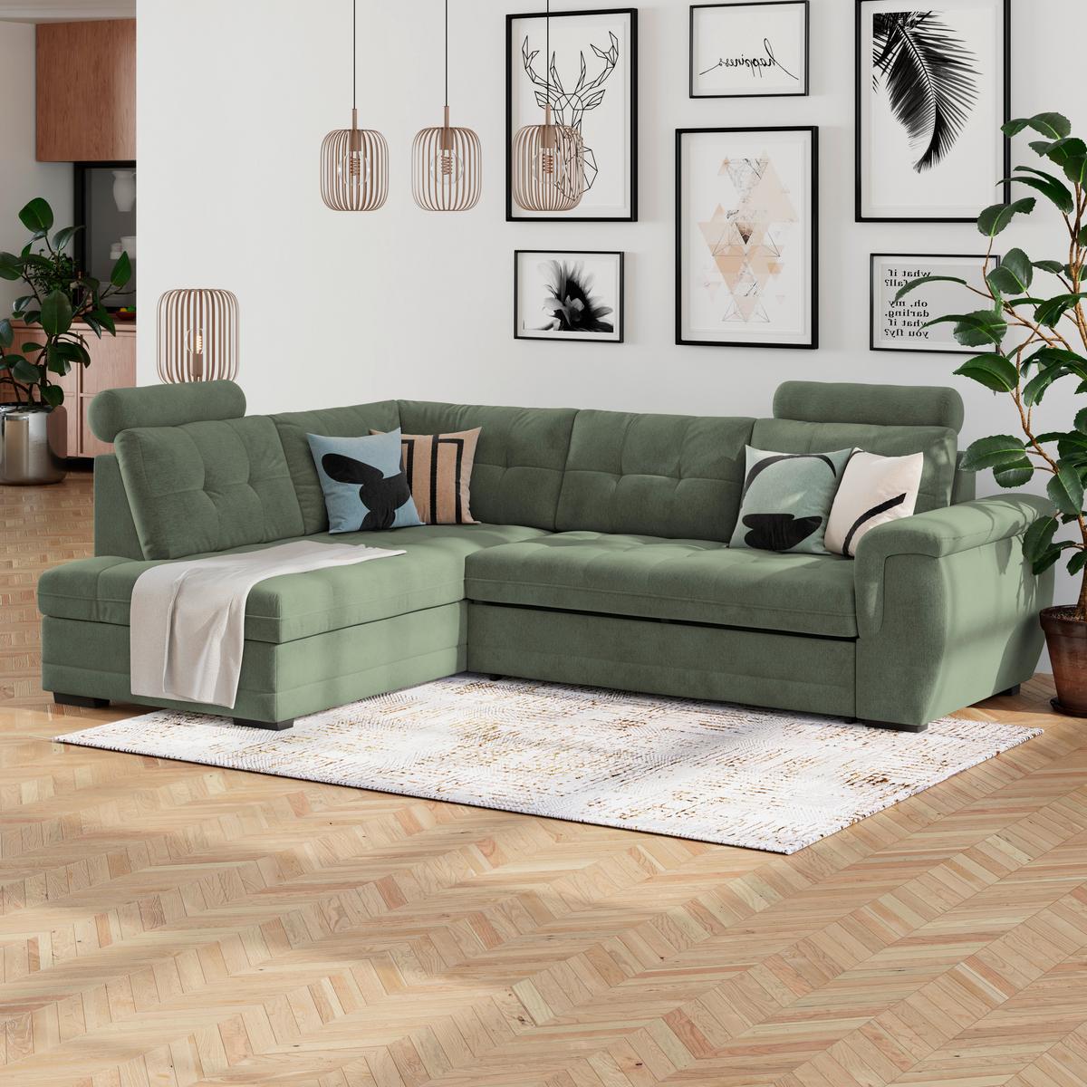 Ecksofa mit Schlaffunktion Falco new Grün 251x183 cm - Schwarz/Grün, KONVENTIONELL, Textil (251/183cm) - Ondega