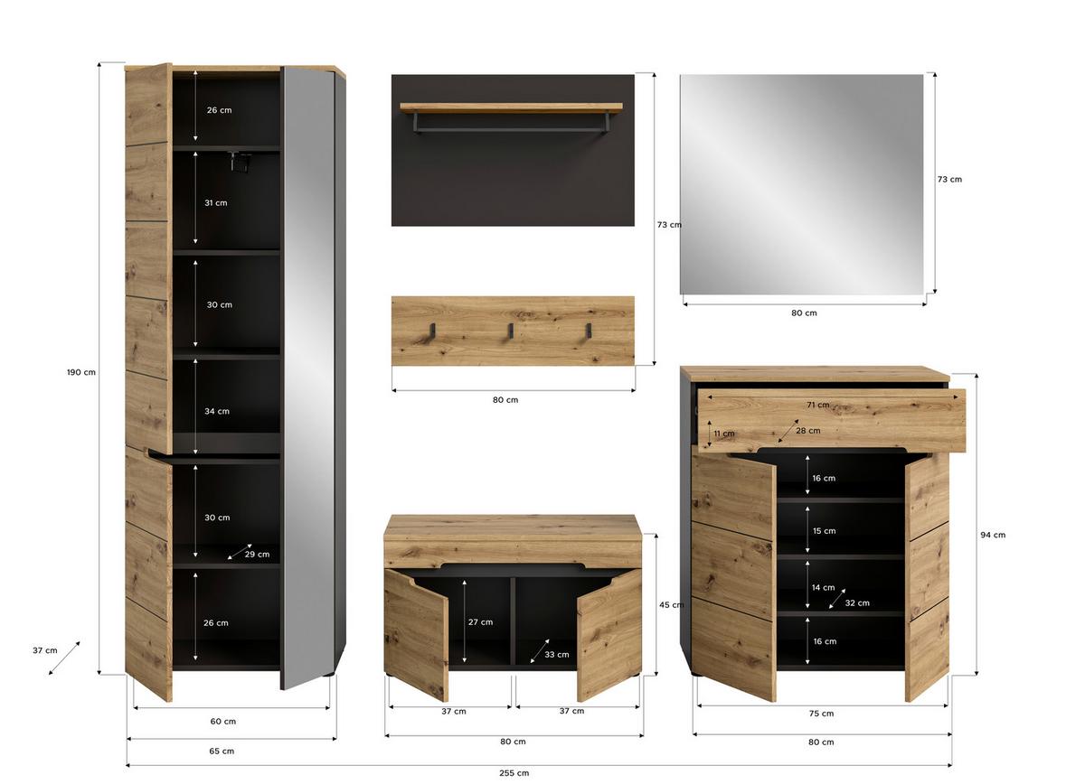 Garderobe Basalt Grau Nb, Artisan Nb - KONVENTIONELL, Glas/Holzwerkstoff (255/190/37cm) - MID.YOU