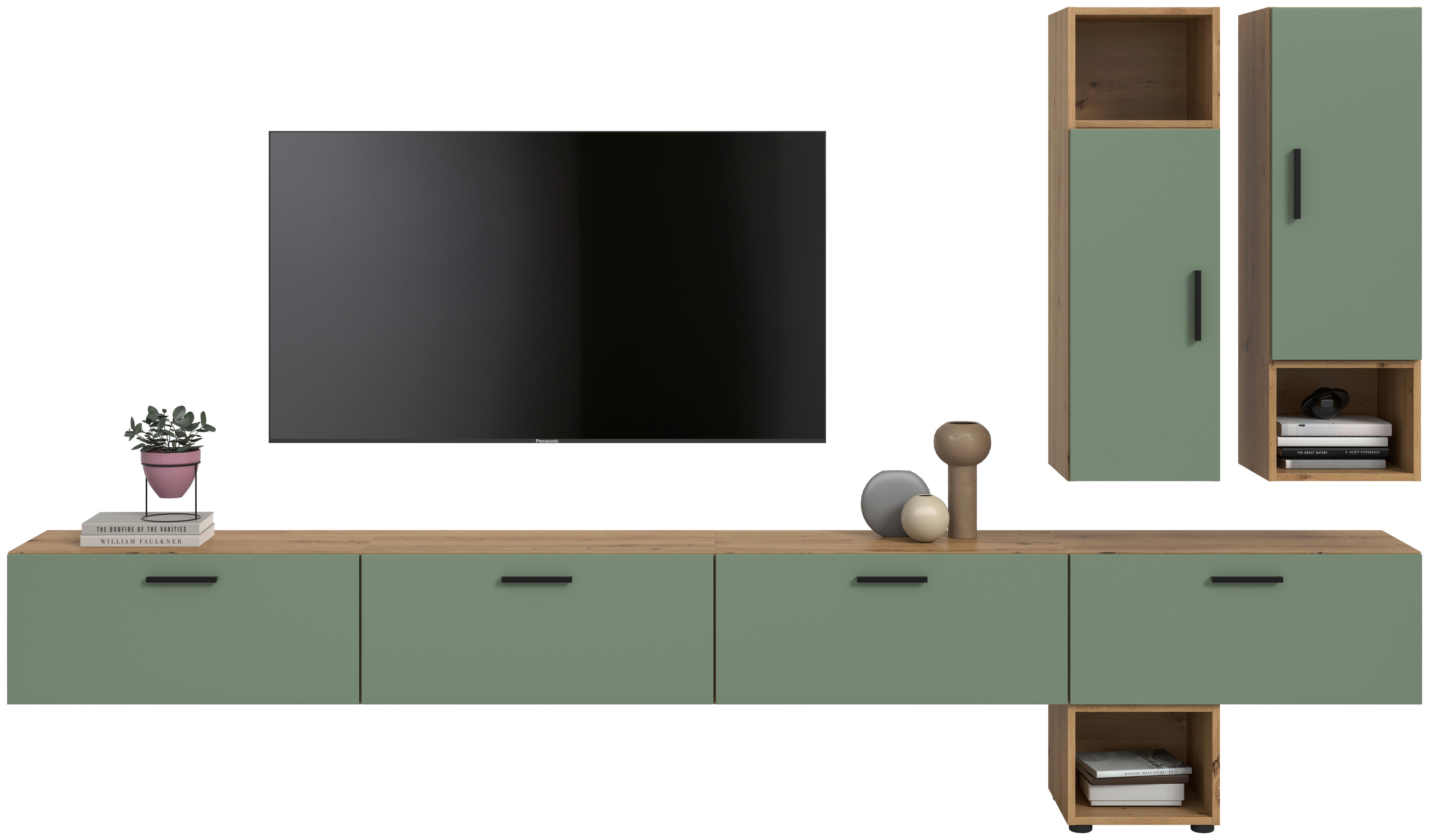 Wohnwand, The ONE 7, B: 300 cm Olivgrün/Artisan Eiche Dekor - Schwarz/Weiß, Trend, Holzwerkstoff (300/178/34cm)
