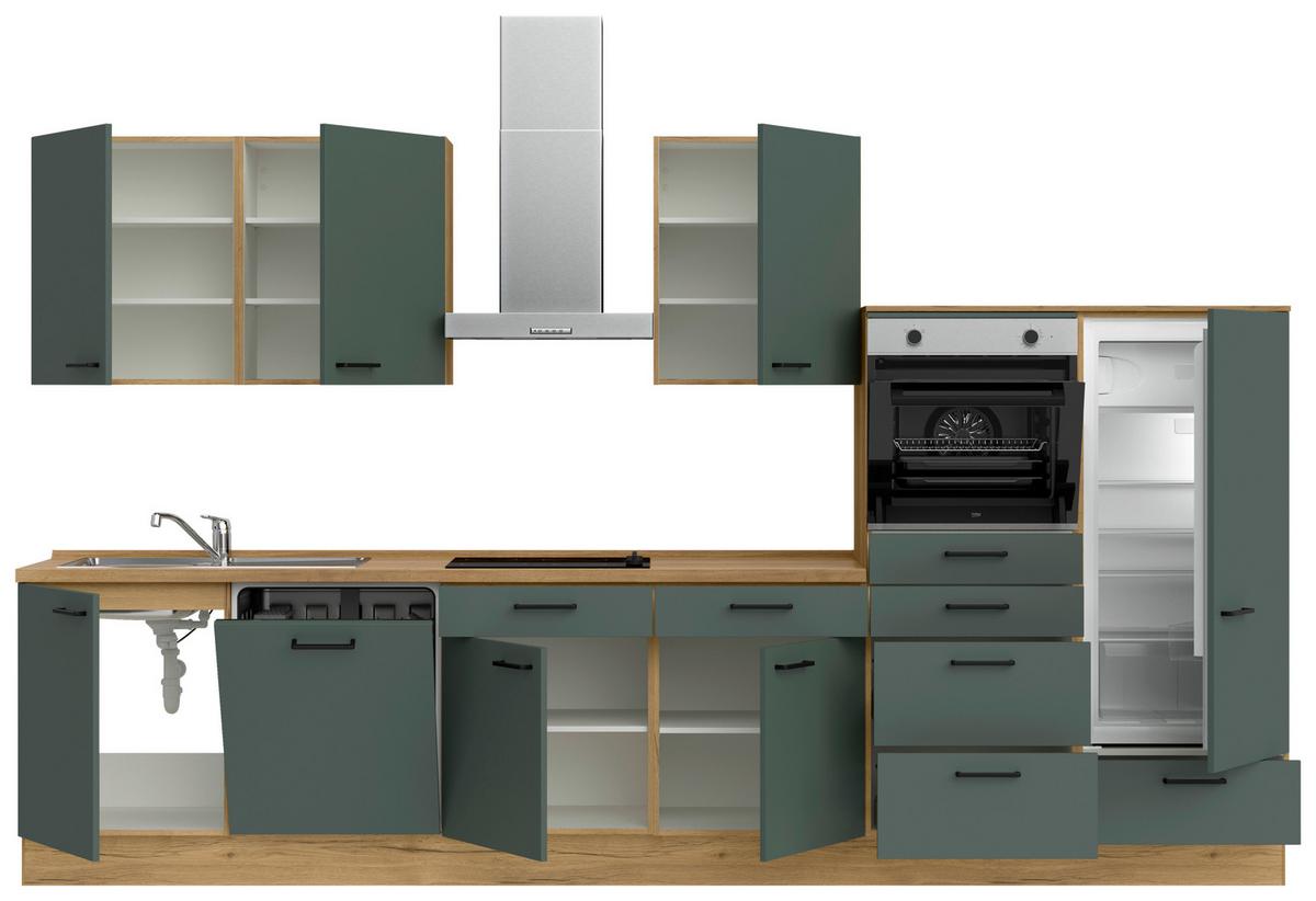 Kuchyňská linka 360 cm, minerální zelená,ultra matná - barvy dubu/černá, Moderní, kov/kompozitní dřevo (360cm) - Nobilia