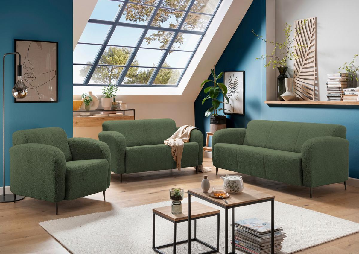 Sessel, Zweisitzer- und Dreisitzersofa im Retrodesign mit Plüschbezug in Dunkelgrün