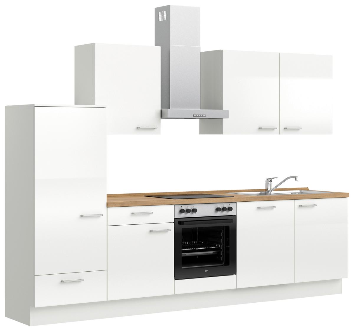 Kuchyňská linka 300 cm, alpská bílá vysoký lesk - barvy dubu/vysoce lesklá bílá, Moderní, kov/kompozitní dřevo (300cm) - Nobilia