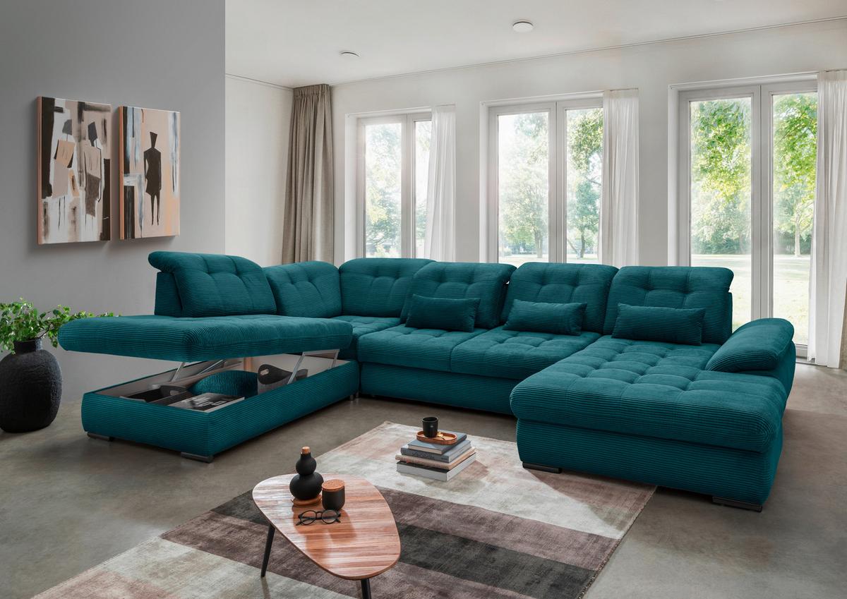 Wohnlandschaft mit Bettkasten Rigatti Petrol B: 387 cm - Petrol/Schwarz, MODERN, Textil (252/387/184cm) - Livetastic