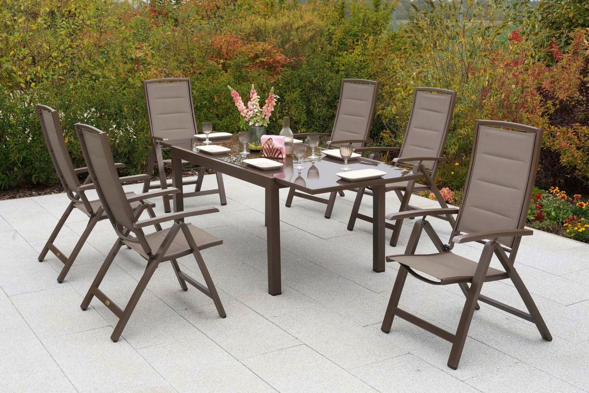 Gartentischgruppe Tinetto 7--Teilig. Aus Aluminium +auflagen - Taupe/Braun, KONVENTIONELL, Glas/Textil - Gardenson