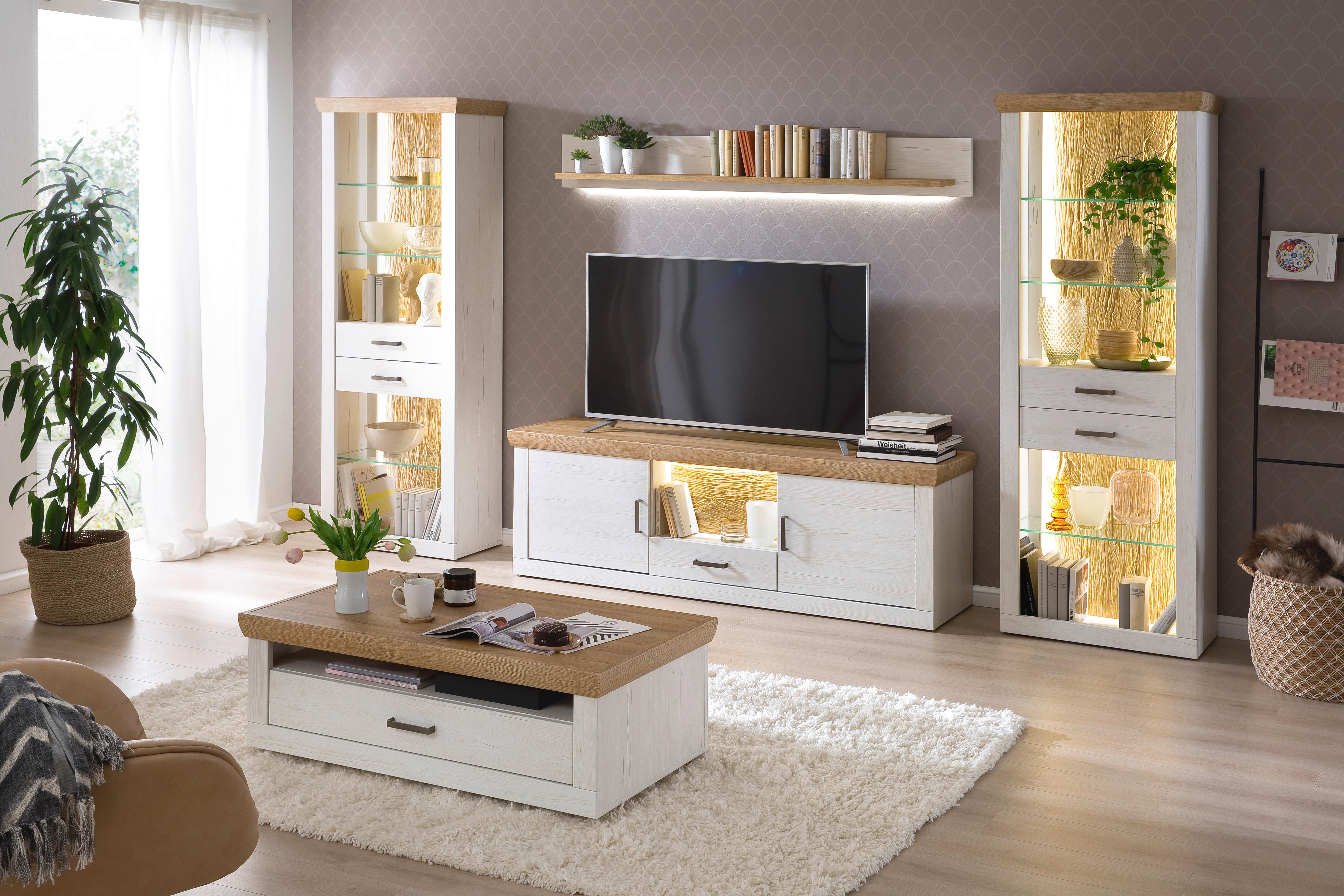 Wohnkombination 4-Tlg. Madrid Eiche-/Pinienfarben - Eichefarben/Schwarz, Design, Glas/Holzwerkstoff (343/205/50cm) - MID.YOU