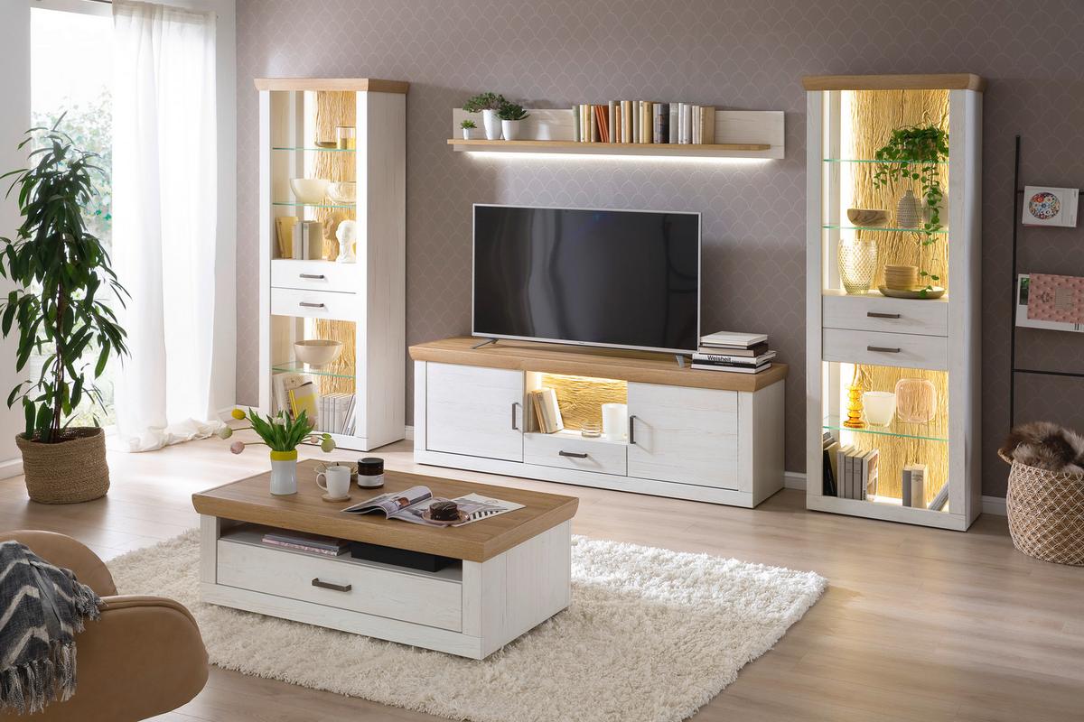 Wohnkombination 4-Tlg. Madrid Eiche-/Pinienfarben - Eichefarben/Schwarz, Design, Glas/Holzwerkstoff (343/205/50cm) - MID.YOU