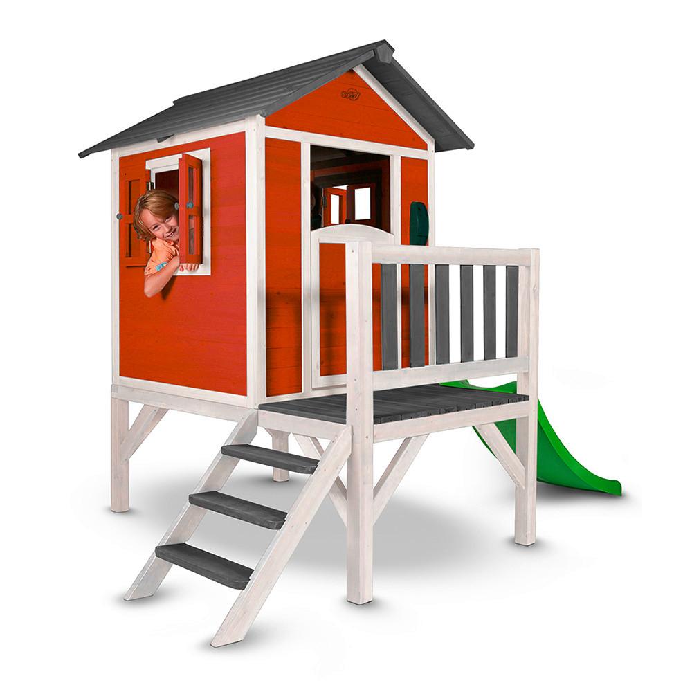 Spielhaus Holz Mit Rutsche Und Verander Grau Rot Weiß - Rot/Weiß, Basics, Holz (261/189/168cm) - Ambia Garden