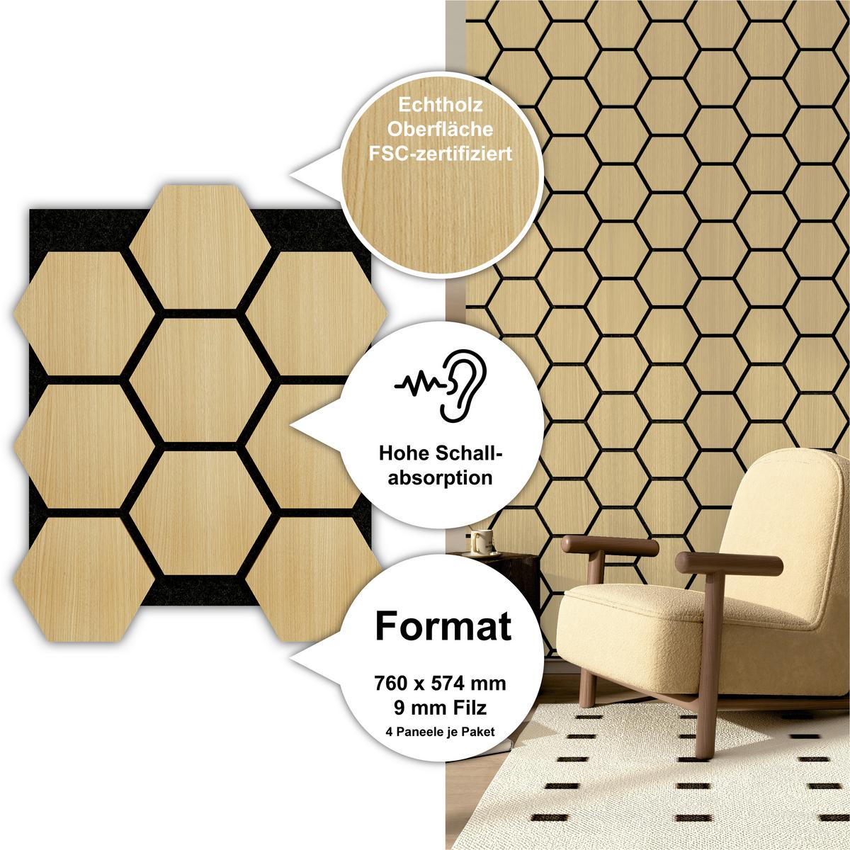 Akustikpaneel Sonido Hexagon - Hellbraun/Eichefarben, KONVENTIONELL, Holzwerkstoff/Kunststoff (76/57.4/1.8cm) - Novel