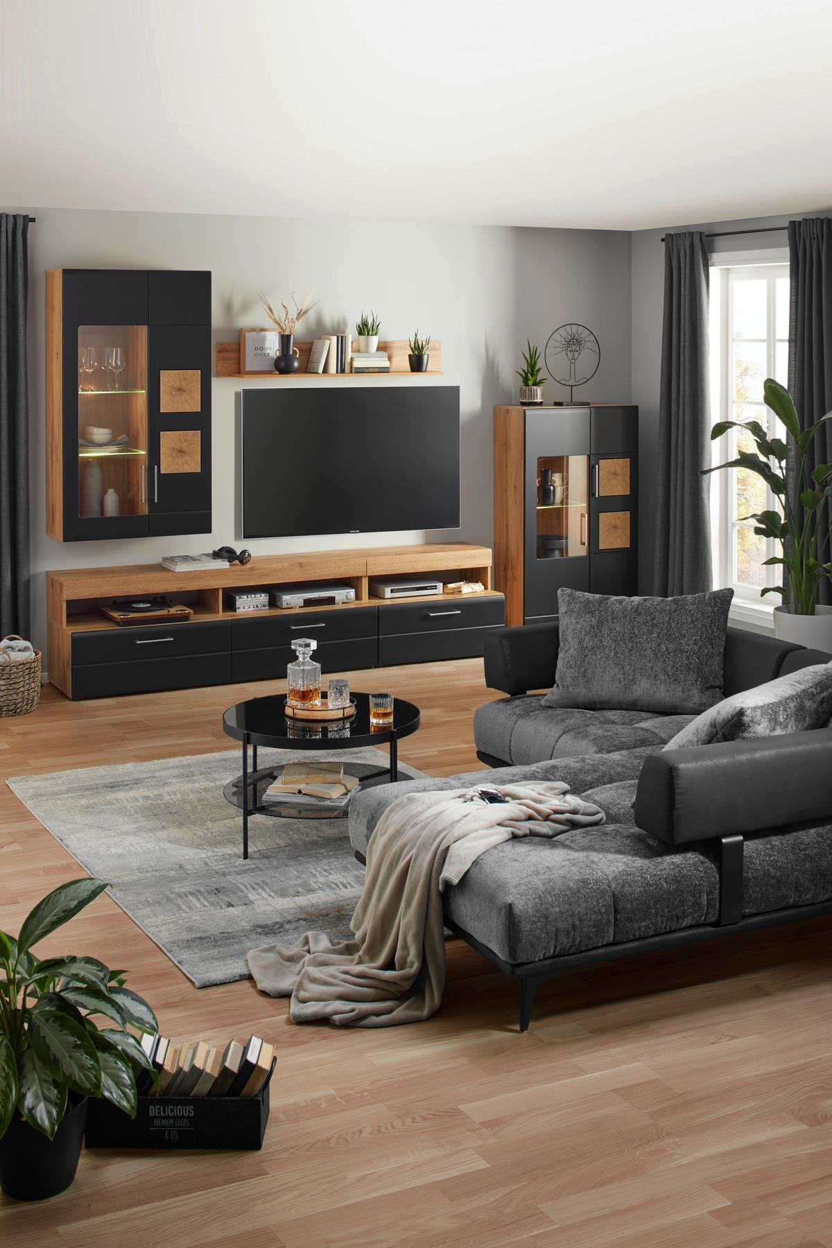 OBÝVACÍ STĚNA SONATE - černá/barvy dubu, Konvenční, kov/kompozitní dřevo (330/208/52cm) - Mömax