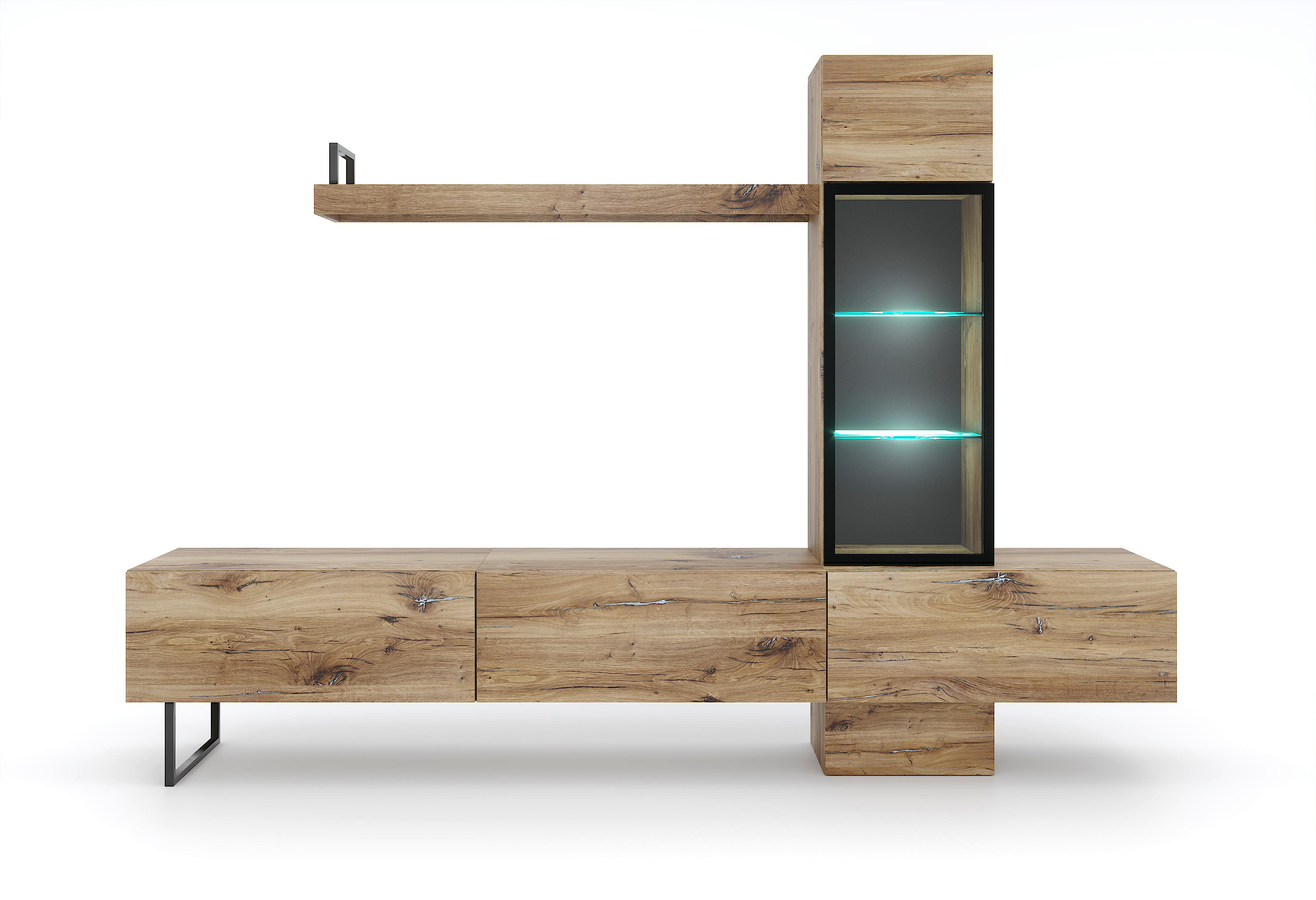 Obývacia stena MESSINA - čierna/farba duba, Design, kov/kompozitné drevo (240/170/45cm) - MID.YOU