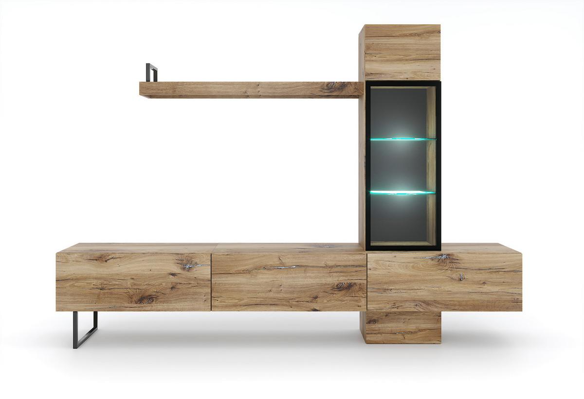 Obývacia stena MESSINA - čierna/farba duba, Design, kov/kompozitné drevo (240/170/45cm) - MID.YOU