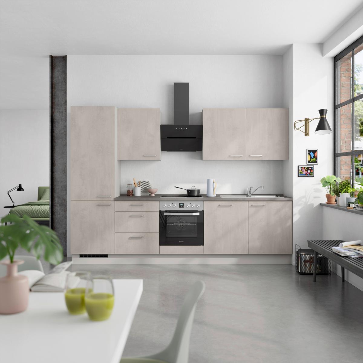 Kuchynská linka 300 cm, šedý betón/ kamenná šedá - sivá/farba ušľachtilej ocele, Modern, kov/kompozitné drevo (300cm) - Nobilia