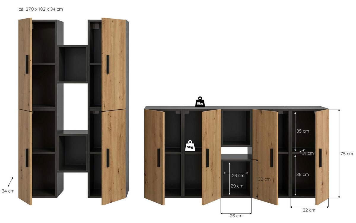 Wohnwand, The One 5, B: 270 cm Artisan Eiche Dekor/Grau - Schwarz/Eiche Artisan, Trend, Holzwerkstoff (270/182/34cm)