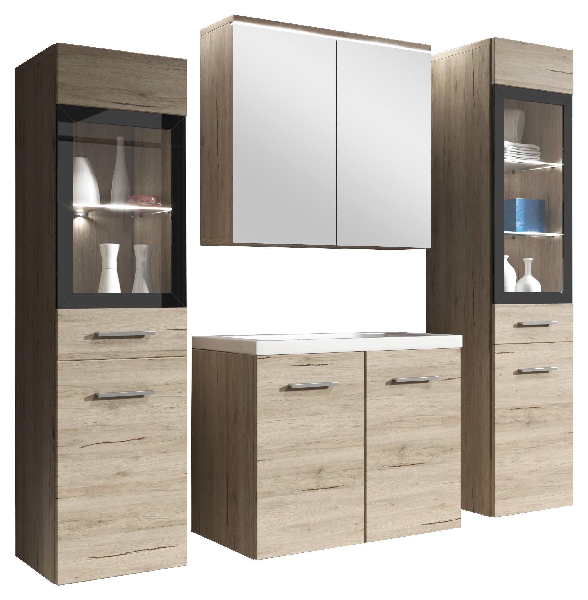 Badmöbel-Set 5-Tlg. inkl. LED Madrit San Remo Eiche Dekor - Eiche San Remo/Weiß, Basics, Glas/Holzwerkstoff (120cm) - P & B