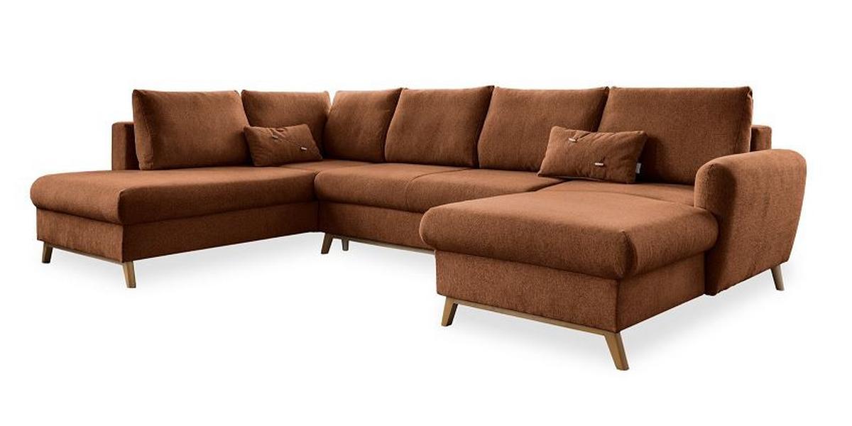 Sedačka LUCILE U, levá, cihlová, úl.prostor a lůžko - terracotta/přírodní barvy, dřevo/textil (202/312/157cm) - MID.YOU