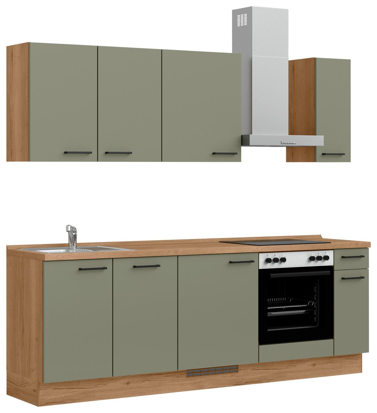 Kuchyňská linka 240 cm, olivově zelená - barvy dubu/černá, Moderní, kov/kompozitní dřevo (240cm) - Nobilia