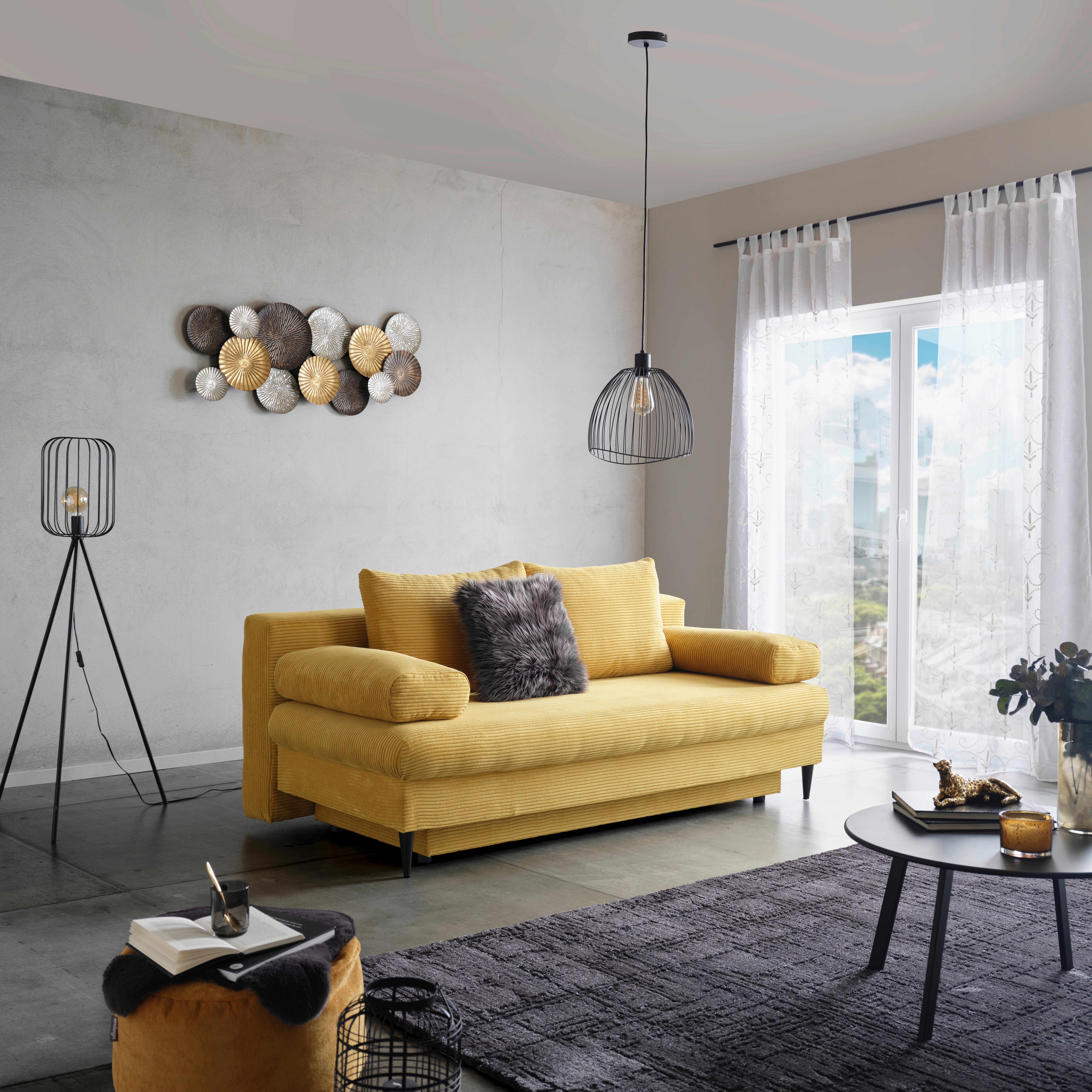 Pohovka MILANO, žlutá, s lůžkem a úložným prostorem - černá/žlutá, Moderní, dřevo/textil (200/95/95cm)