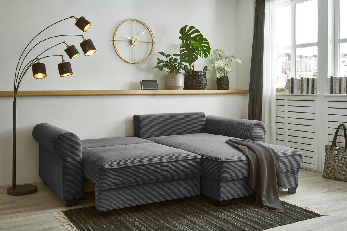 Ecksofa Mit Schlaffunktion Angelina Anthrazit Kord - Anthrazit/Schwarz, Basics, Textil (255/92/185cm) - MID.YOU
