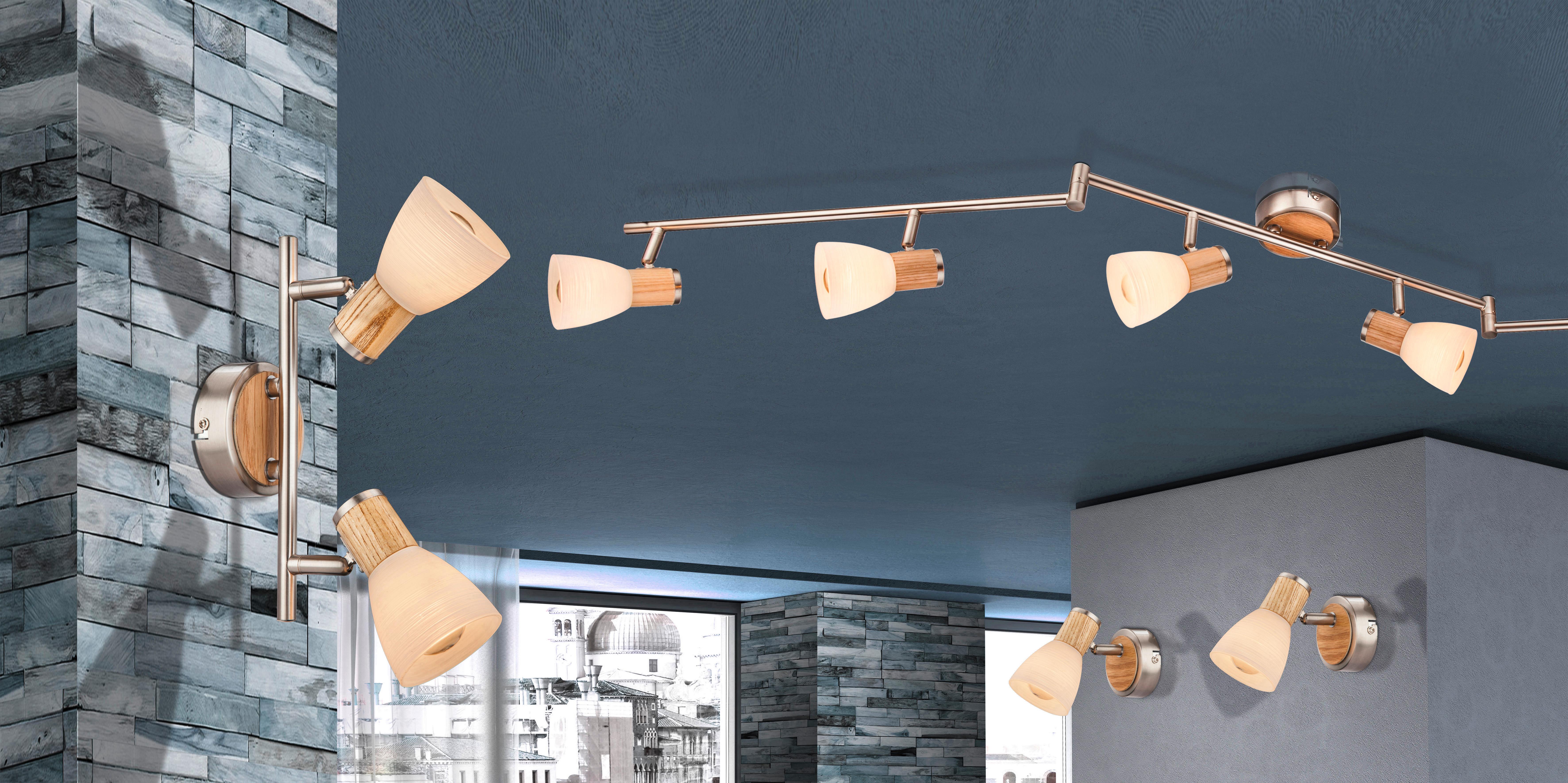 Strahler Gylfi 6-Flammig verstellbar L: 145 cm - Nickelfarben, LIFESTYLE, Glas/Naturmaterialien (145/18cm) - Globo