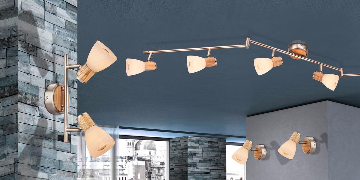 Strahler Gylfi 6-flammig Verstellbar L: 145 Cm - Nickelfarben, LIFESTYLE, Glas/Naturmaterialien (145/18cm) - Globo
