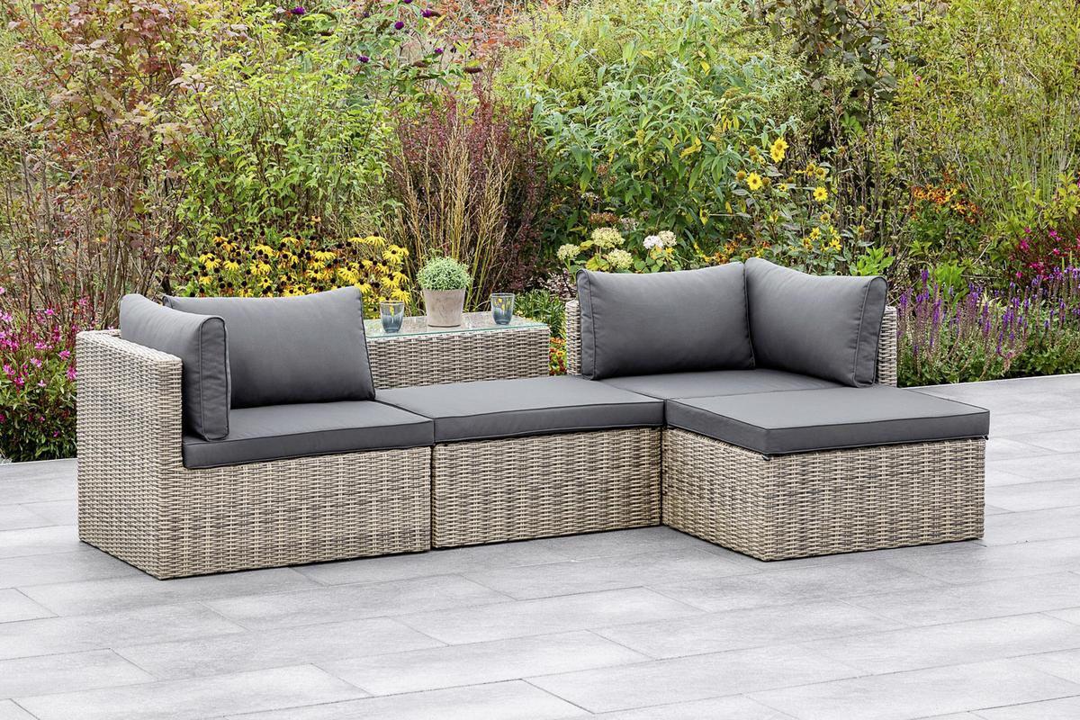 Loungegarnitur 4-Tlg. Licosa Metall/Kunststoff/Glas/Textil - Dunkelgrau/Grau, KONVENTIONELL, Glas/Kunststoff (88/65/68cm) - Gardenson