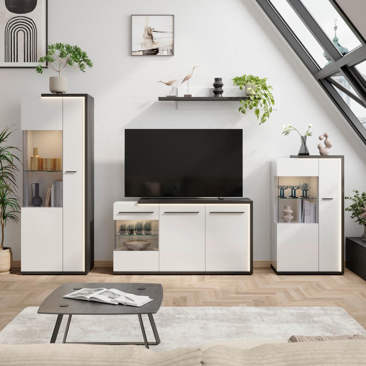 Sideboard Ambiente B: 153,4 cm mit LED, Alpinweiss/Anthrazit - Weiß Hochglanz/Anthrazit, MODERN, Glas/Holzwerkstoff (153,4/81,6/43,6cm)