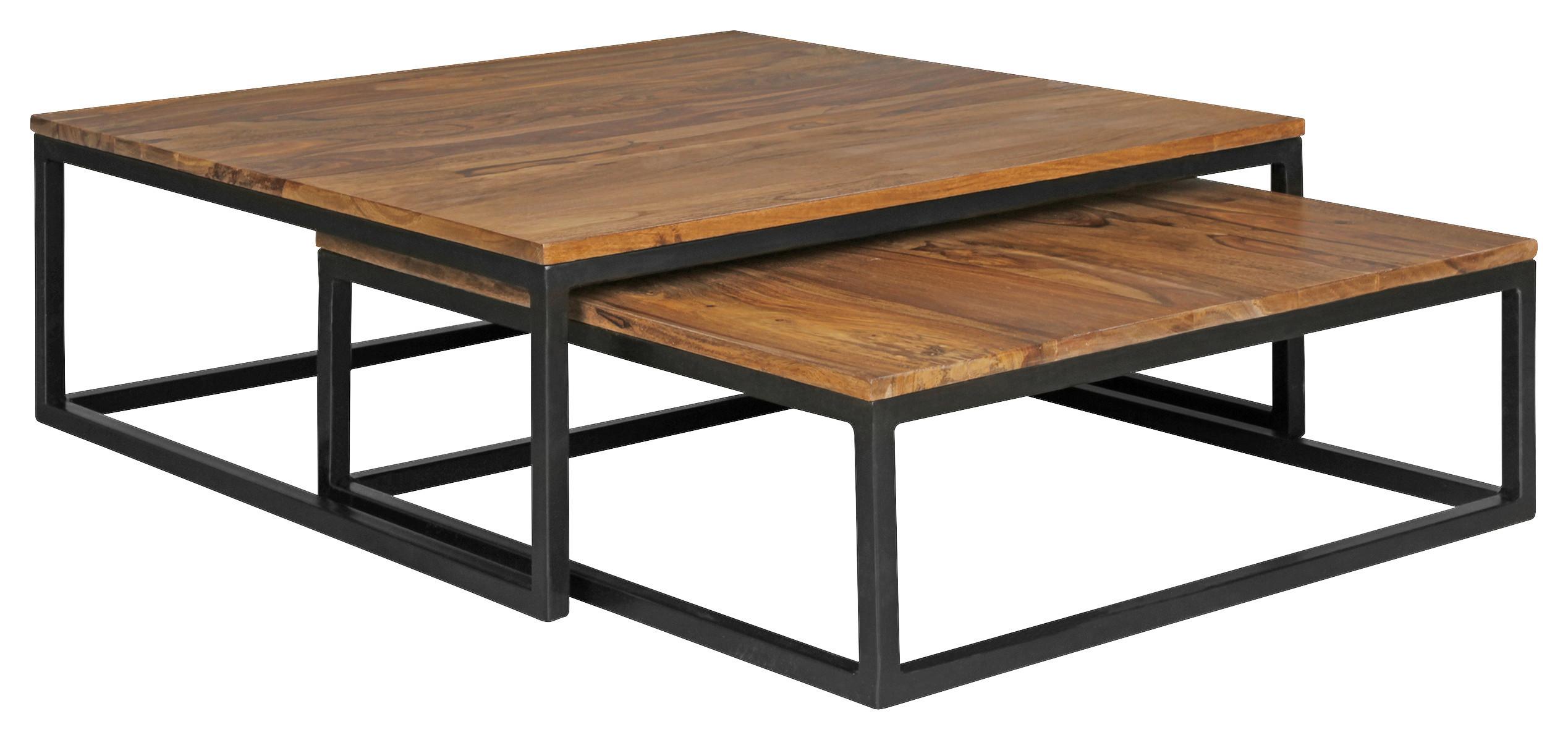 Couchtisch mit Holzplatte 2er-Set Akola Sheesham/Schwarz - Sheeshamfarben/Schwarz, Design, Holz/Metall (75/75/27cm) - MID.YOU