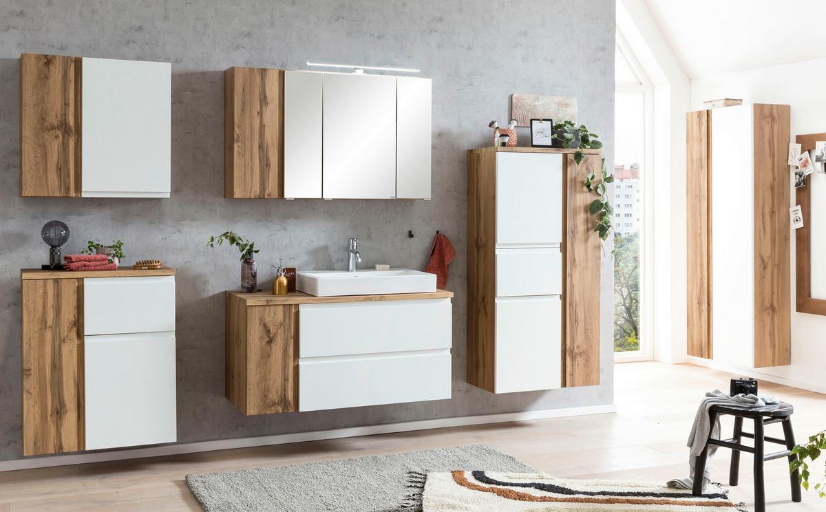 Waschbecken mit Unterschrank Varese B: 150 cm Eiche/Weiß - Eiche Wotan/Weiß, MODERN, Keramik/Holzwerkstoff (105cm) - Held