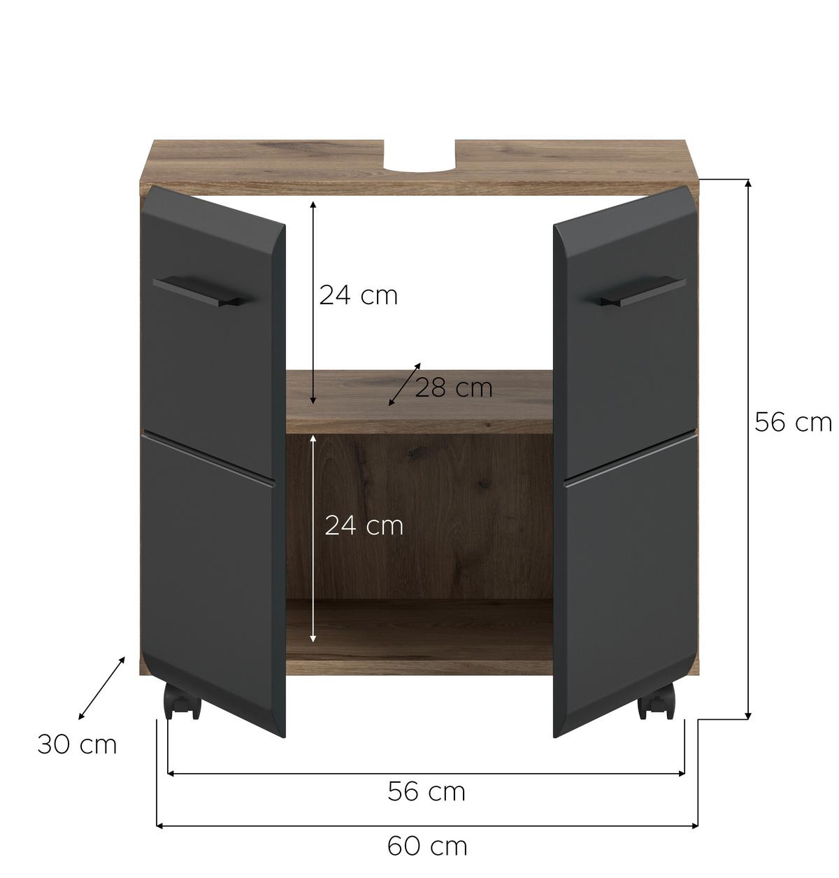 Waschbeckenunterschrank Ice Schwarz/Eiche Dekor B: 60cm - Eiche dunkel/Schwarz, Trend, Holzwerkstoff (60/58/30cm) - MID.YOU