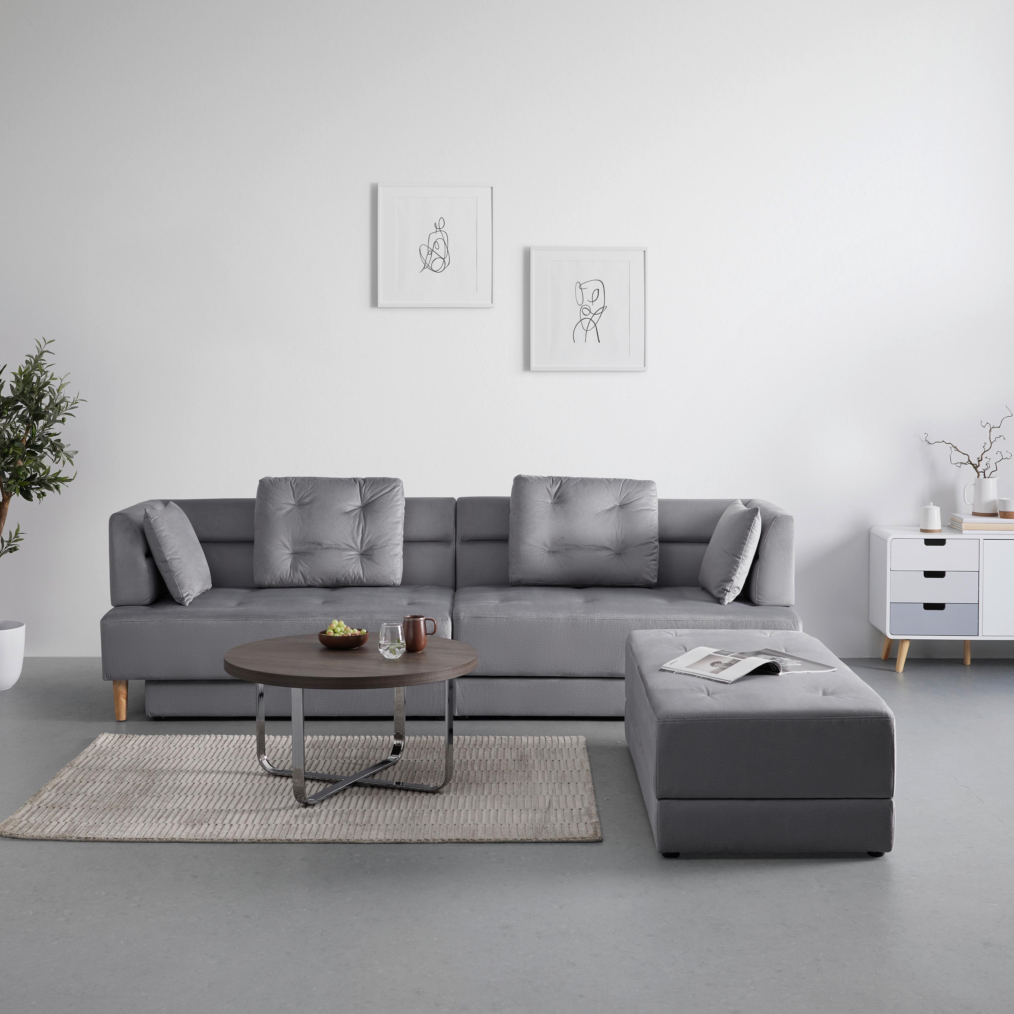 Pohovka s taburetkou ELIZA svetlá sivá - čierna/prírodná farba, Modern, drevo/textil (260/75/210cm) - Bessagi Home