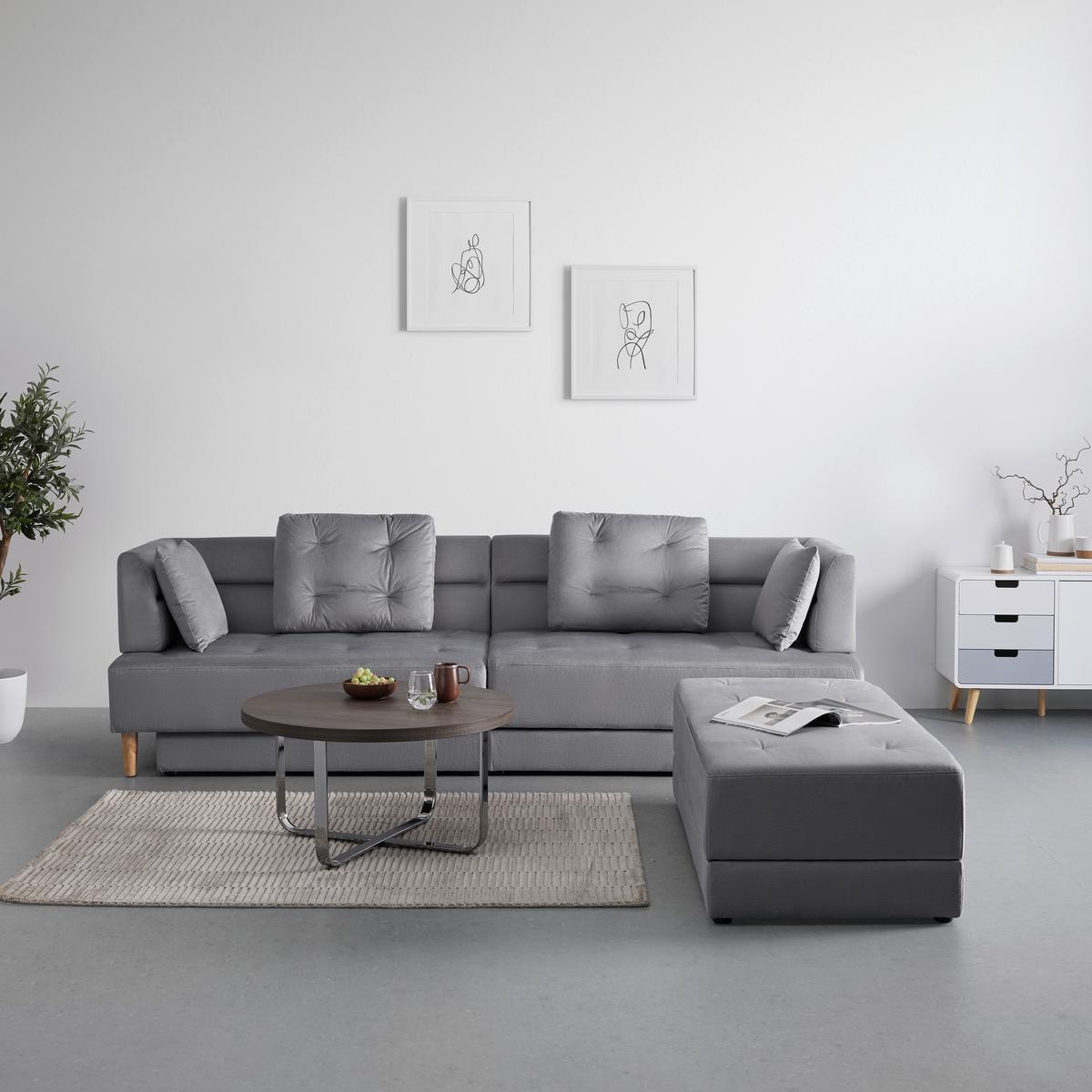 Pohovka s taburetem ELIZA světle šedá - černá/světle šedá, Moderní, dřevo/textil (260/75/210cm) - Bessagi Home