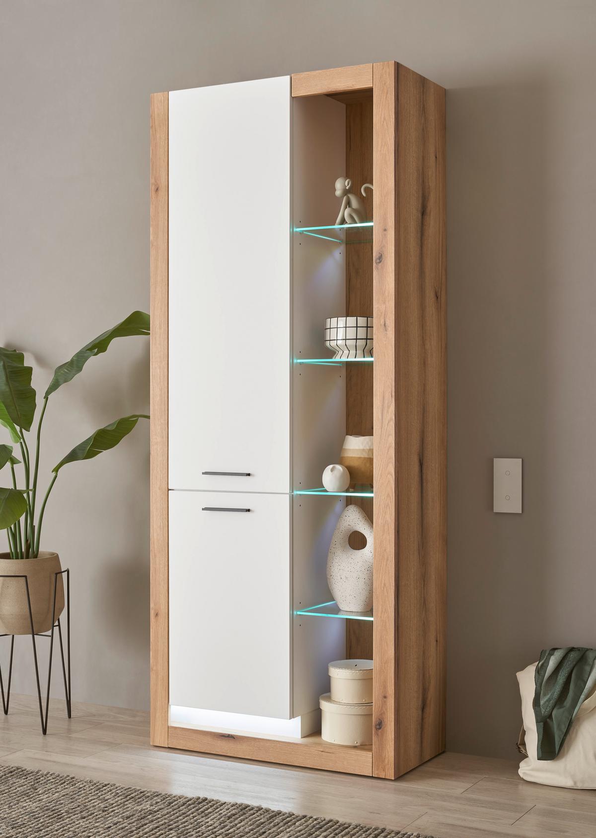 Mehrzweckschrank Brixen Weiß/Eichefarben B: 80cm - Eichefarben/Weiß, Design, Glas/Holzwerkstoff (80/195/37cm) - MID.YOU