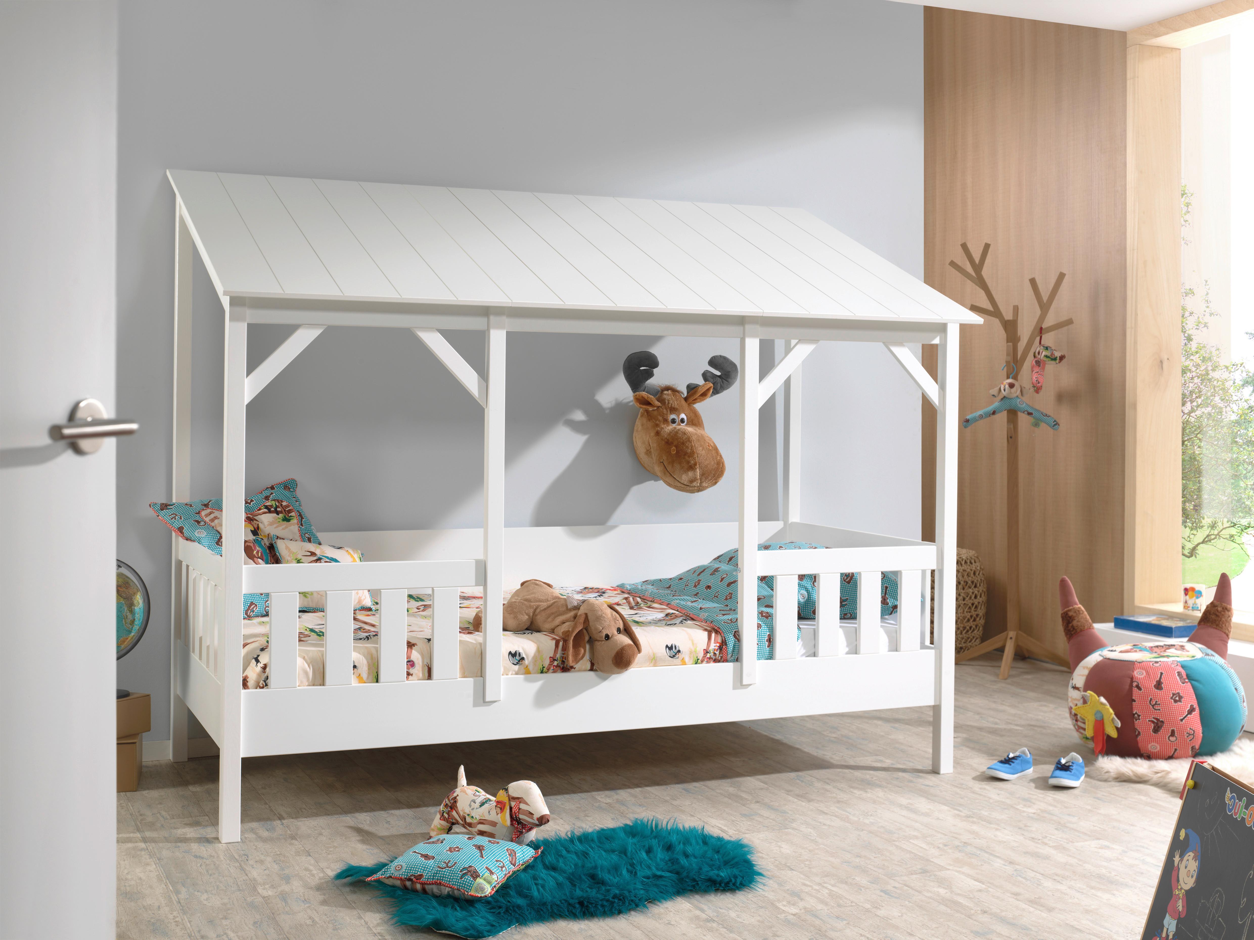 Hausbett 90x200 cm Holzwerkstoff Weiß mit Zaun