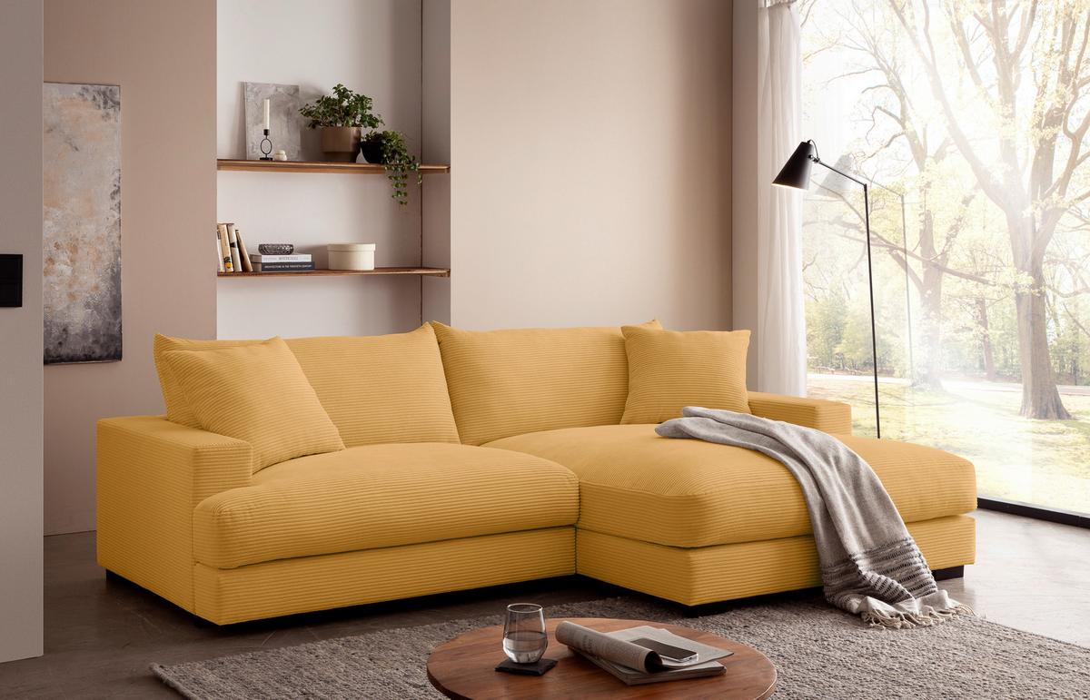 Rohová sedačka PELLE, pravá, hořčicově žlutý manšestr - černá/hořčicově žlutá, Moderní, textil (265/180cm)