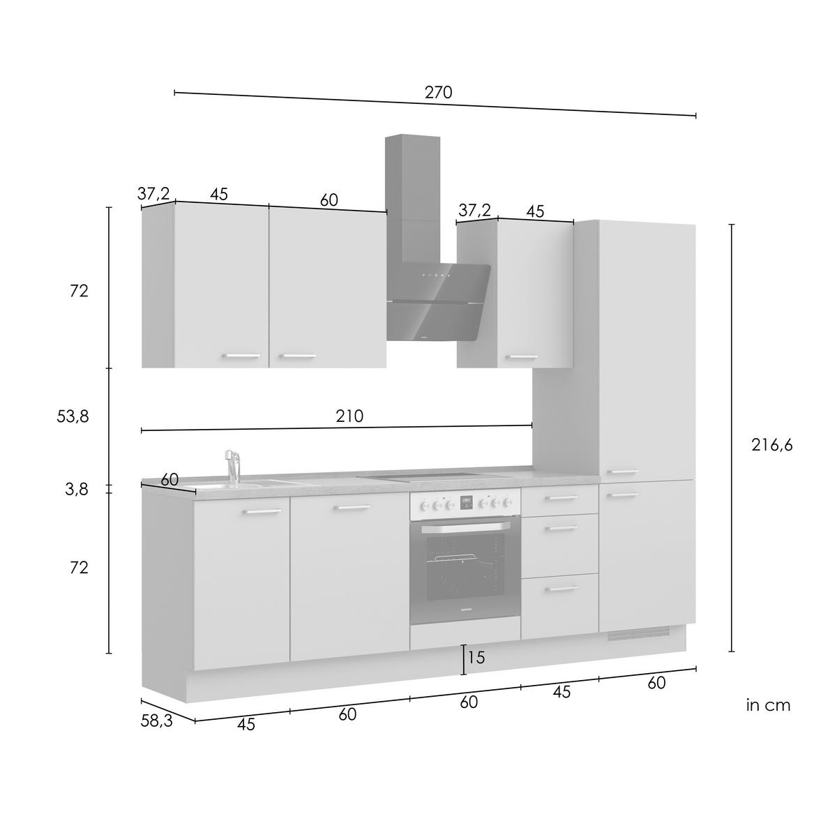 Kuchynská linka 270 cm, kamenná sivá supermatná - čierna/sivá, Modern, kov/kompozitné drevo (270cm) - Nobilia