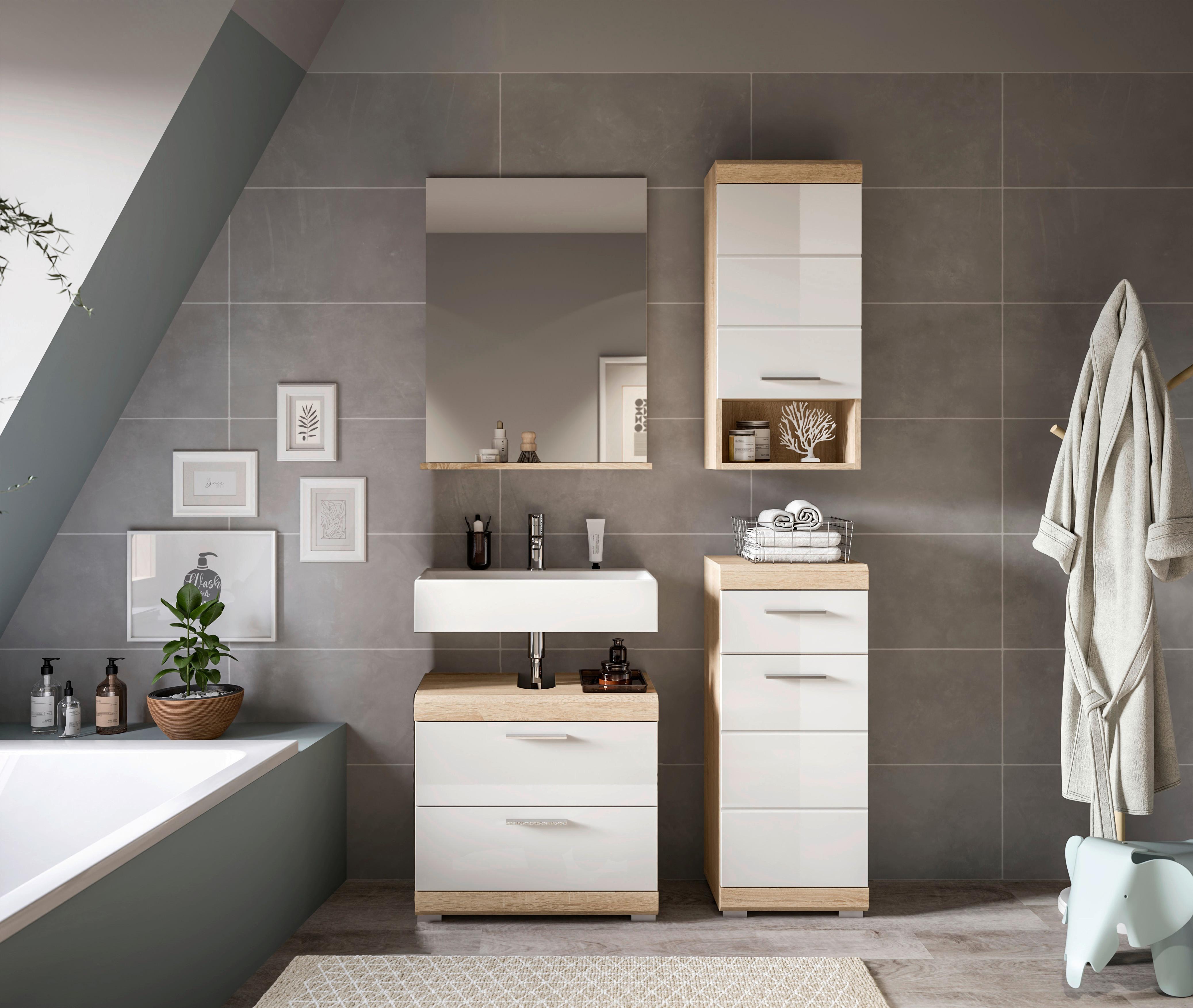 Badezimmer Lambada Eiche Dekor/weiß B: 97 Cm - Weiß Hochglanz/Silberfarben, MODERN, Glas/Holzwerkstoff (97cm) - MID.YOU