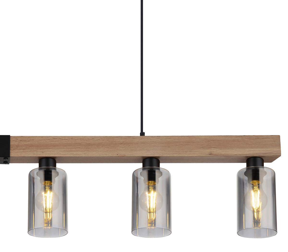 Hängeleuchte Hadera 6-Flammig höhenverstellbar mit Rauchglas - Dunkelbraun/Schwarz, Natur, Glas/Holzwerkstoff (140/10/120cm) - Globo
