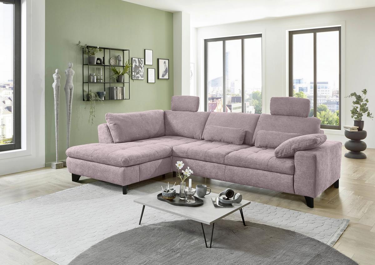 Rohová sedačka LANDO, levá, růžová žinylka PIA,s funkcemi - růžová/černá, Moderní, kov/textil (197/289cm) - Premium Living