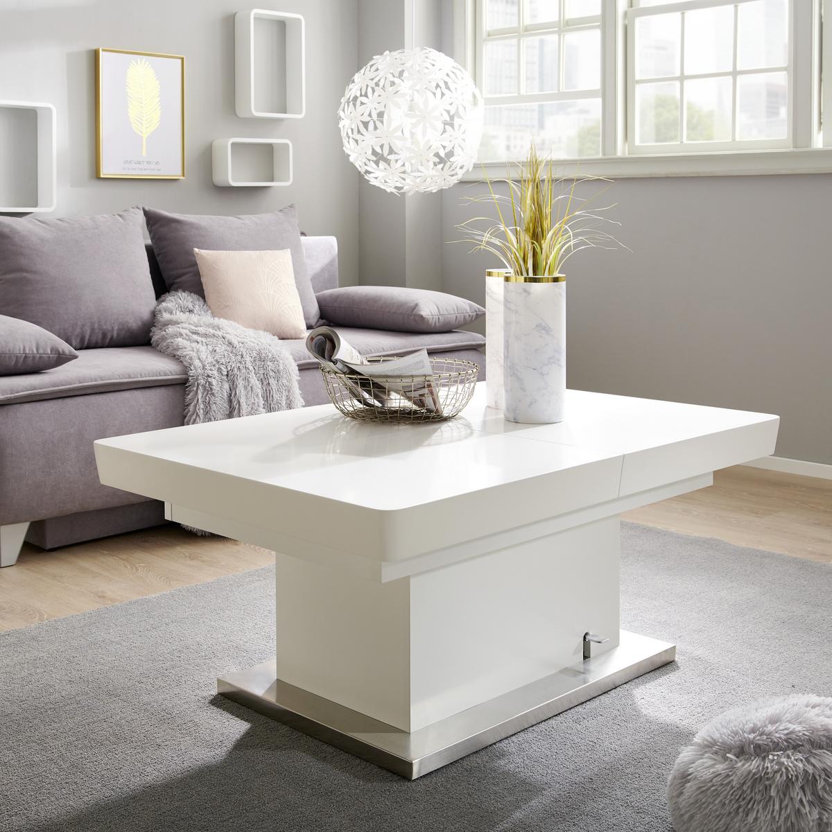 Couchtisch Höhenverstellbar + Ausziehbar Manchester, Weiß - Edelstahlfarben/Weiß, MODERN, Holzwerkstoff/Metall (120-160/50-78/80cm)