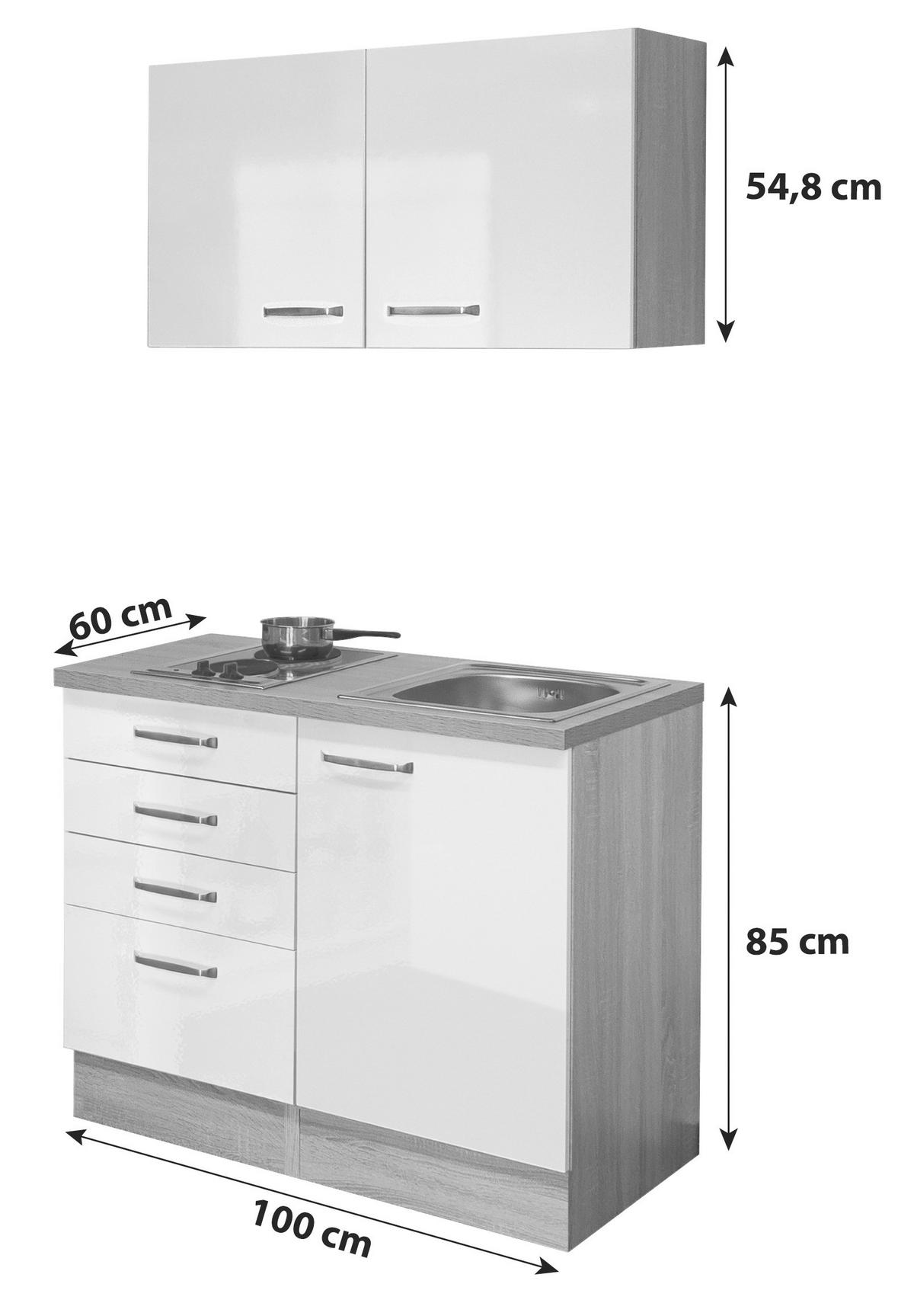Minikuchyňa VALERO,šírka 100cm vrátane drezu a varnej dosky - biela s vysokým leskom/farba ušľachtilej ocele, Modern, kov/kompozitné drevo (100cm) - FlexWell