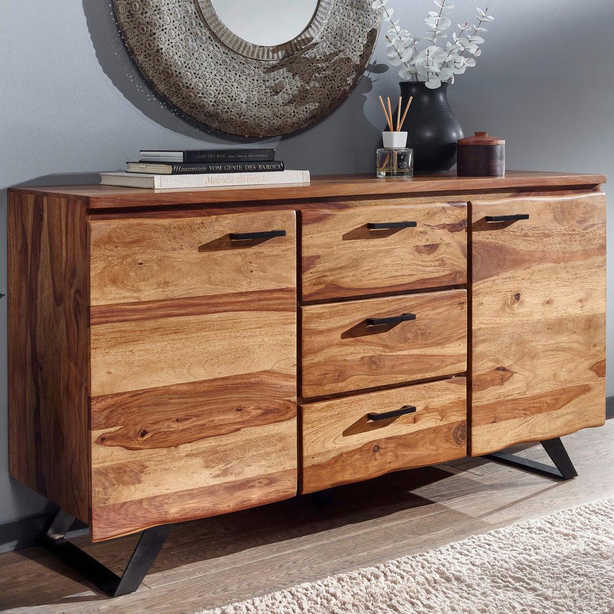 Sideboard 145 cm Sheesham, Sheeshamfarben - Sheeshamfarben/Schwarz, Design, Holz (145/82/45cm) - MID.YOU