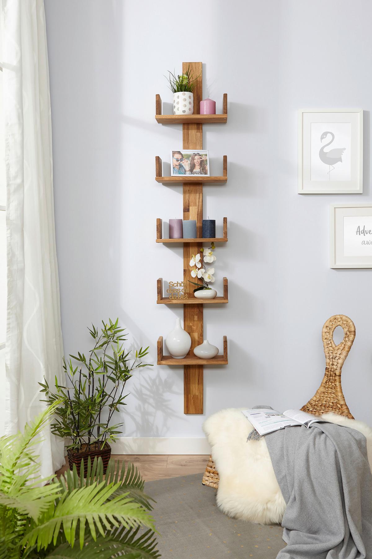 Wandregal Pepe B: 35 Cm Eiche Massiv 5 Fächer - Naturfarben, MODERN, Holz (35/180/17cm) - MID.YOU