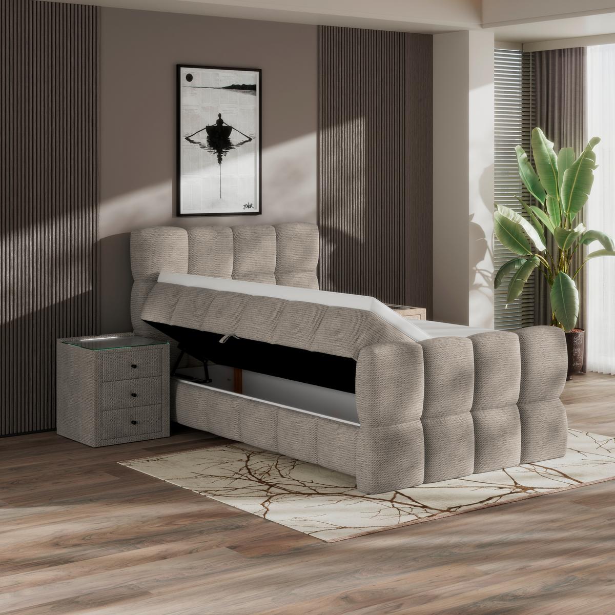Boxspringbett Brisbane inkl. Bettkasten 140x200 - Beige/Schwarz, Trend, Holz/Holzwerkstoff (140/200cm) - Sembella